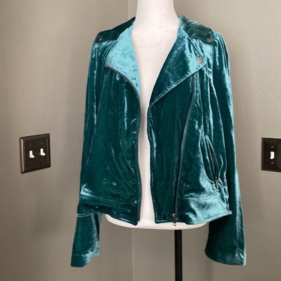 Torrid NWT Botanical Garden Teal Blue Velvet Moto Jacket - Picture 5 of 14